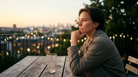Personne pensive seule sur une terrasse au crépuscule estival
