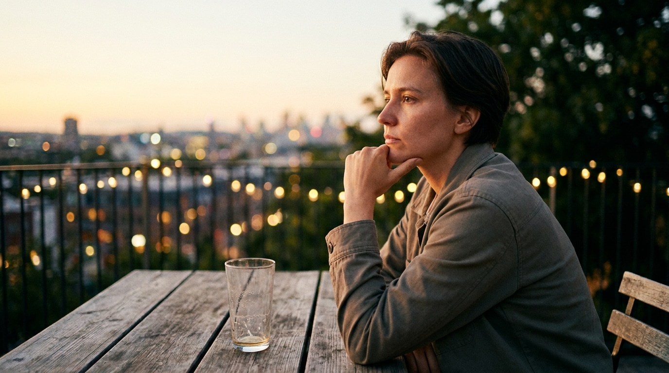 Personne pensive seule sur une terrasse au crépuscule estival