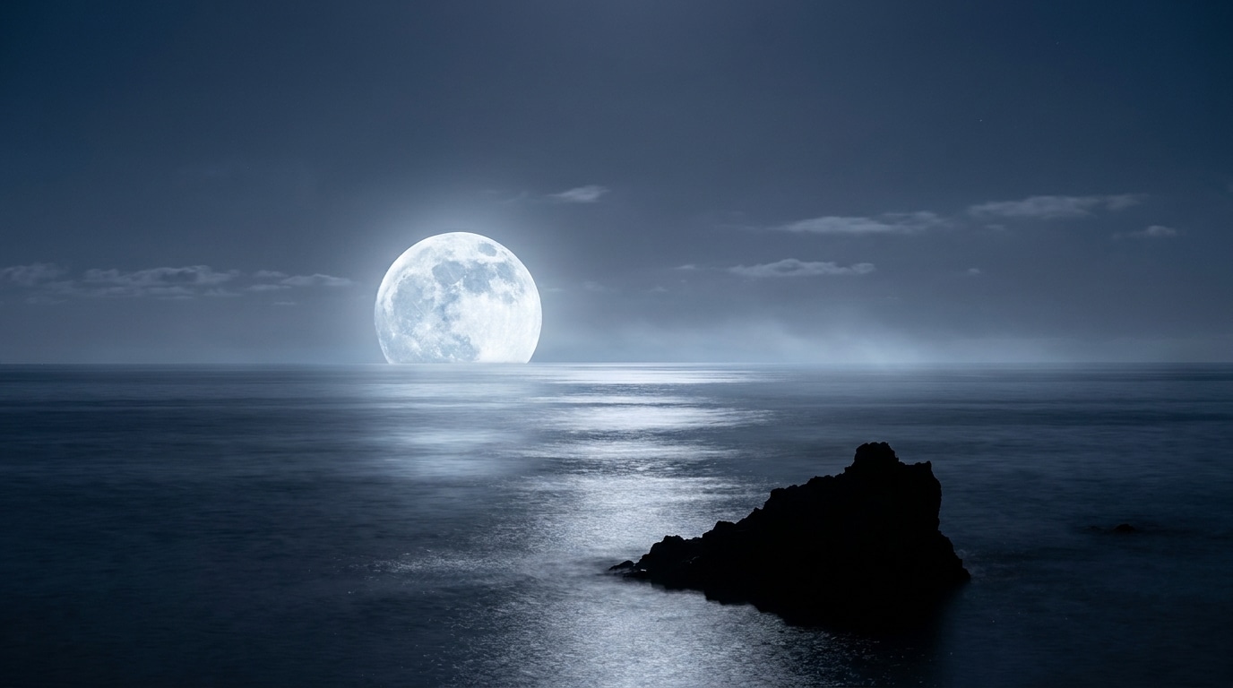 Pleine lune s'élevant au-dessus d'une mer calme la nuit