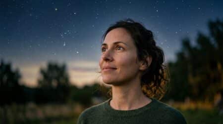 Femme regardant le ciel étoilé pensivement la nuit