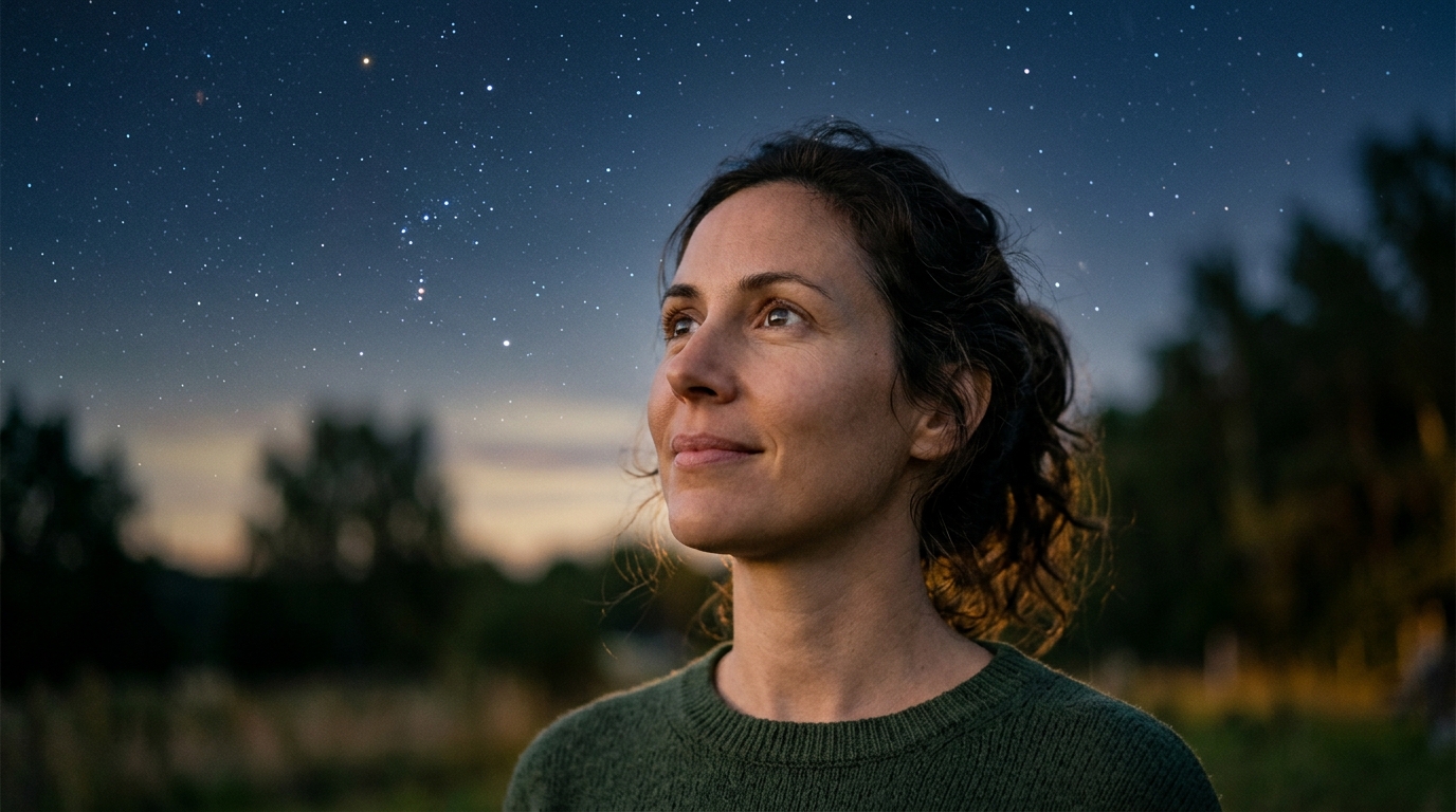 Femme regardant le ciel étoilé pensivement la nuit