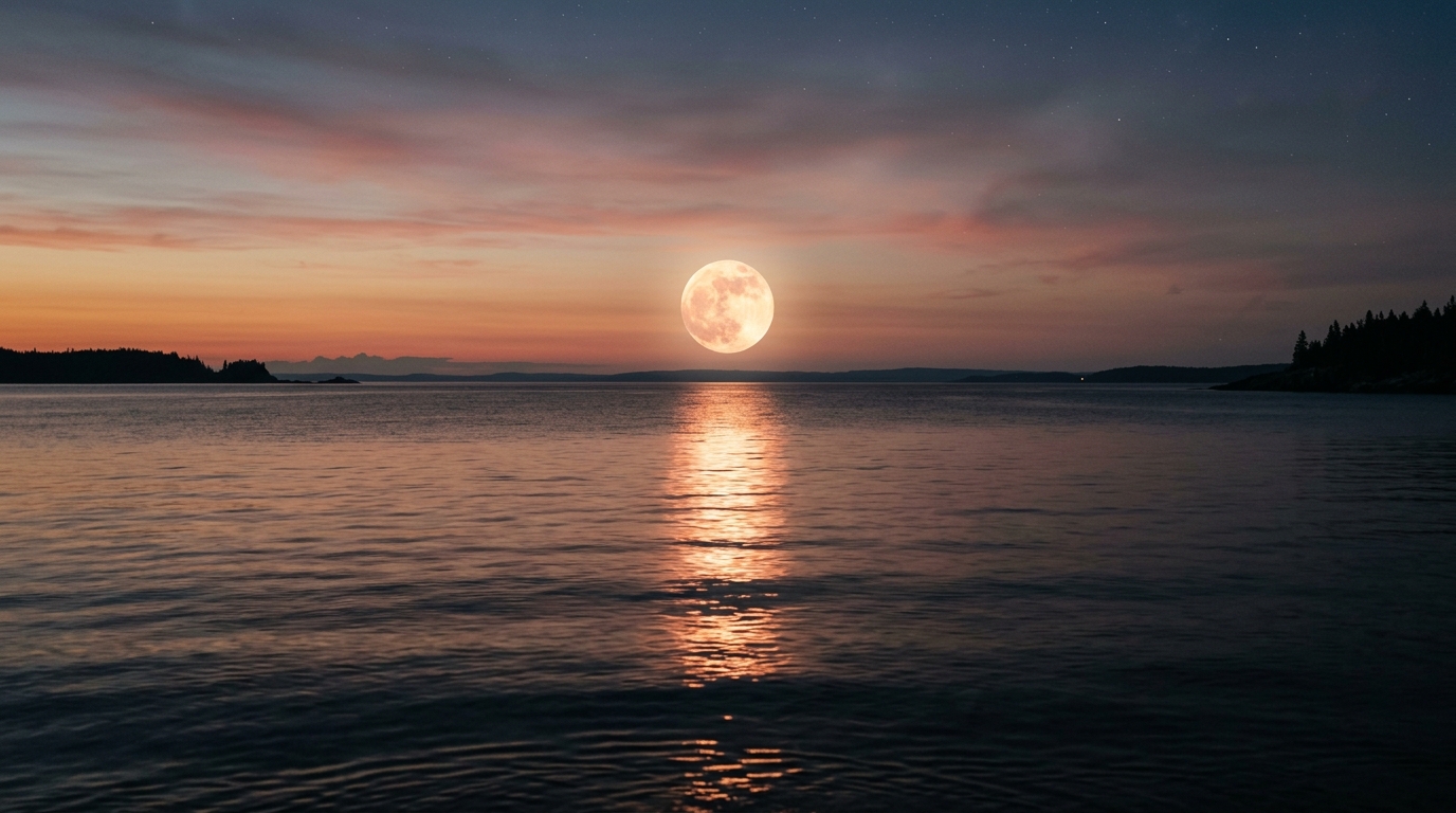 Pleine lune orangée au-dessus de l'eau calme