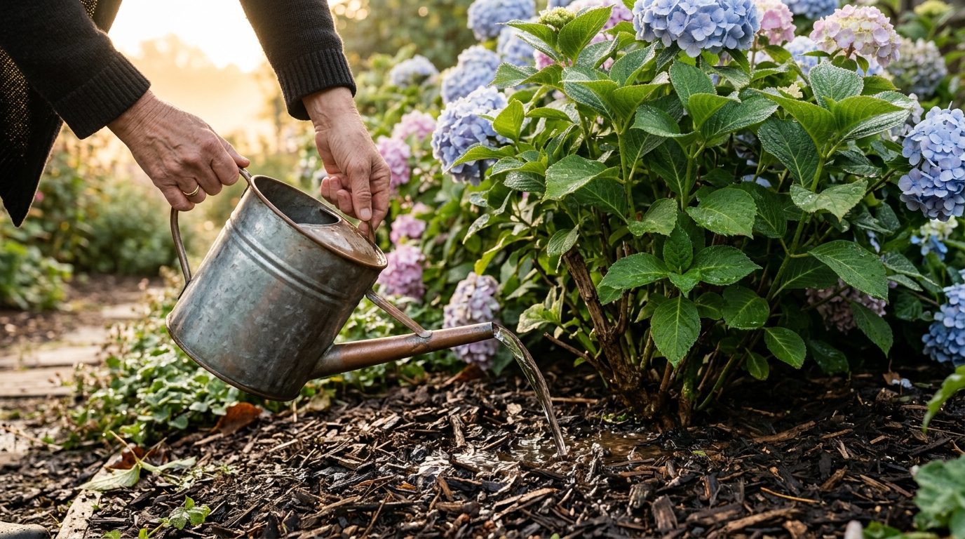 Arrosage matinal d'un hortensia avec paillage protecteur