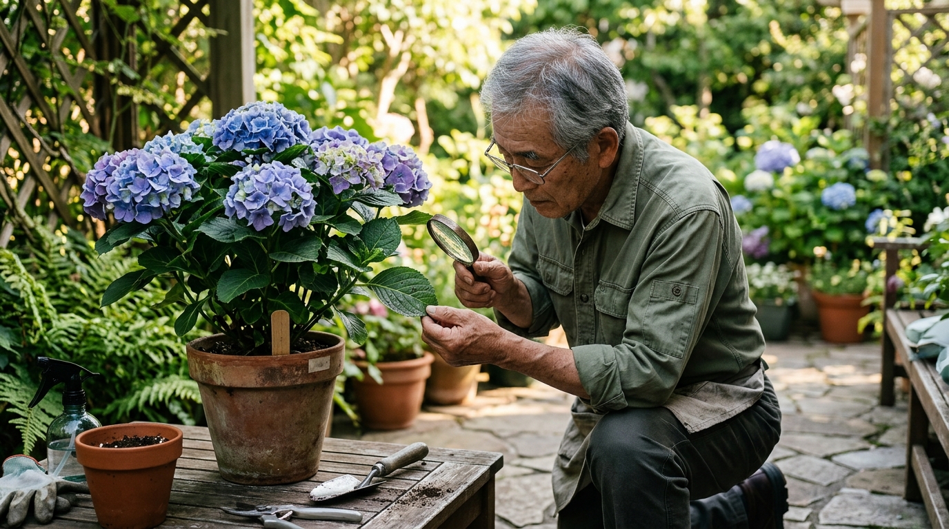 Homme inspectant les feuilles d'un hortensia en pot