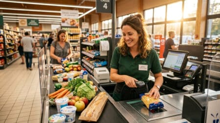 Hôtesse de caisse souriante à son poste de travail