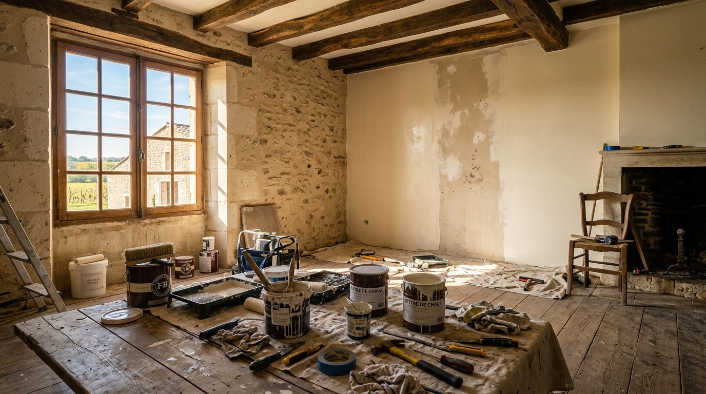 Travaux de rénovation dans une maison française, outils et pots de peinture au sol