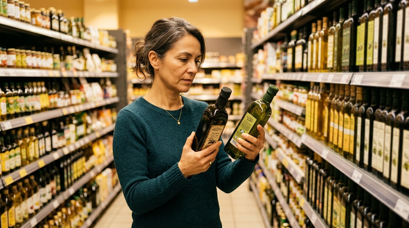 Femme comparant des bouteilles d'huile d'olive au supermarché