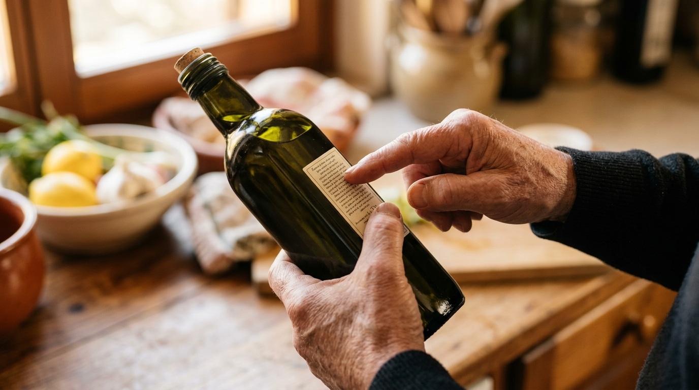 Mains lisant l'étiquette d'une bouteille d'huile d'olive