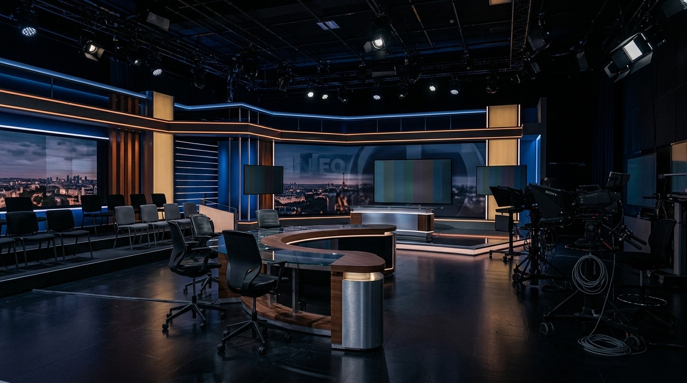 Coulisses d'un studio de tournage vide la nuit, ambiance dramatique