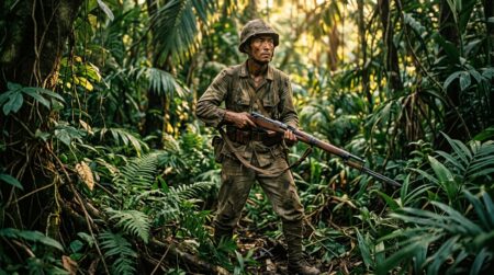 Soldat japonais isolé dans la jungle en uniforme militaire