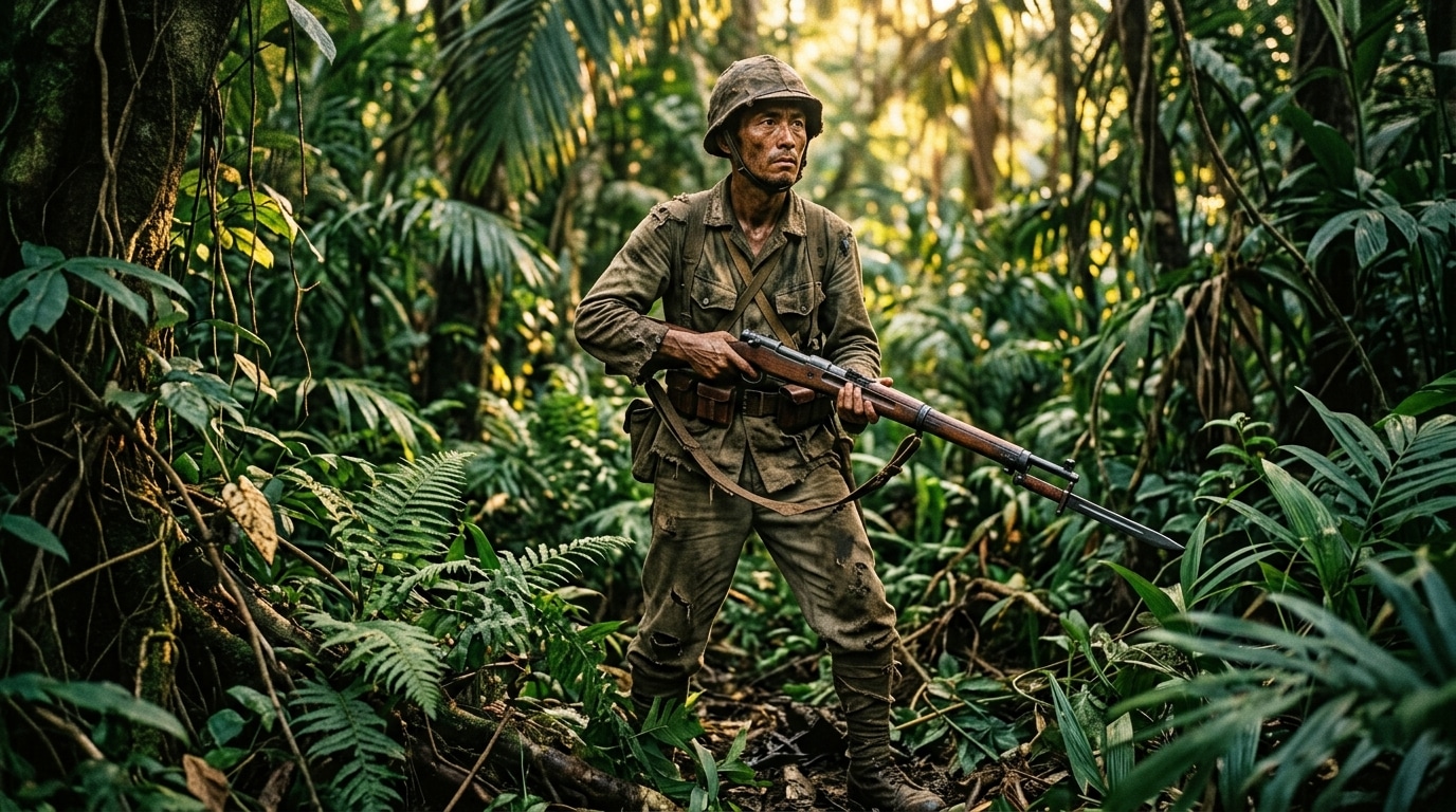 Soldat japonais isolé dans la jungle en uniforme militaire