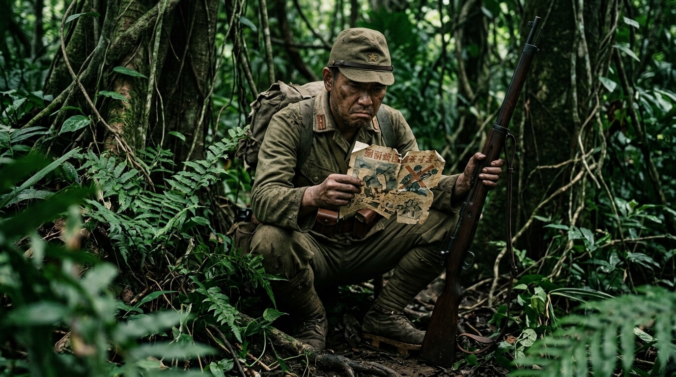 Onoda lisant un tract de propagande avec méfiance