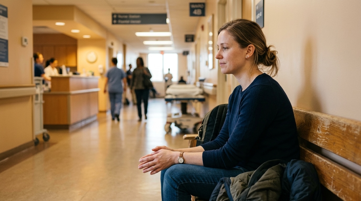 Mère assise dans un couloir d'hôpital, soulagement visible