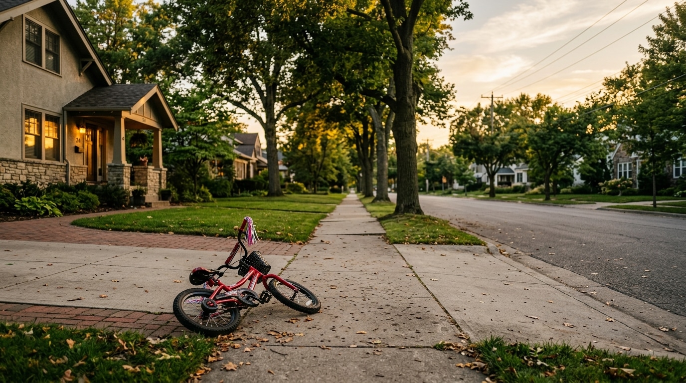 Vélo d'enfant renversé sur trottoir résidentiel