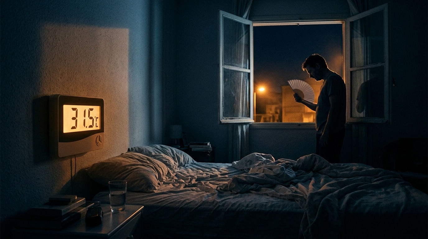 Chambre nocturne avec thermomètre affichant une chaleur extrême