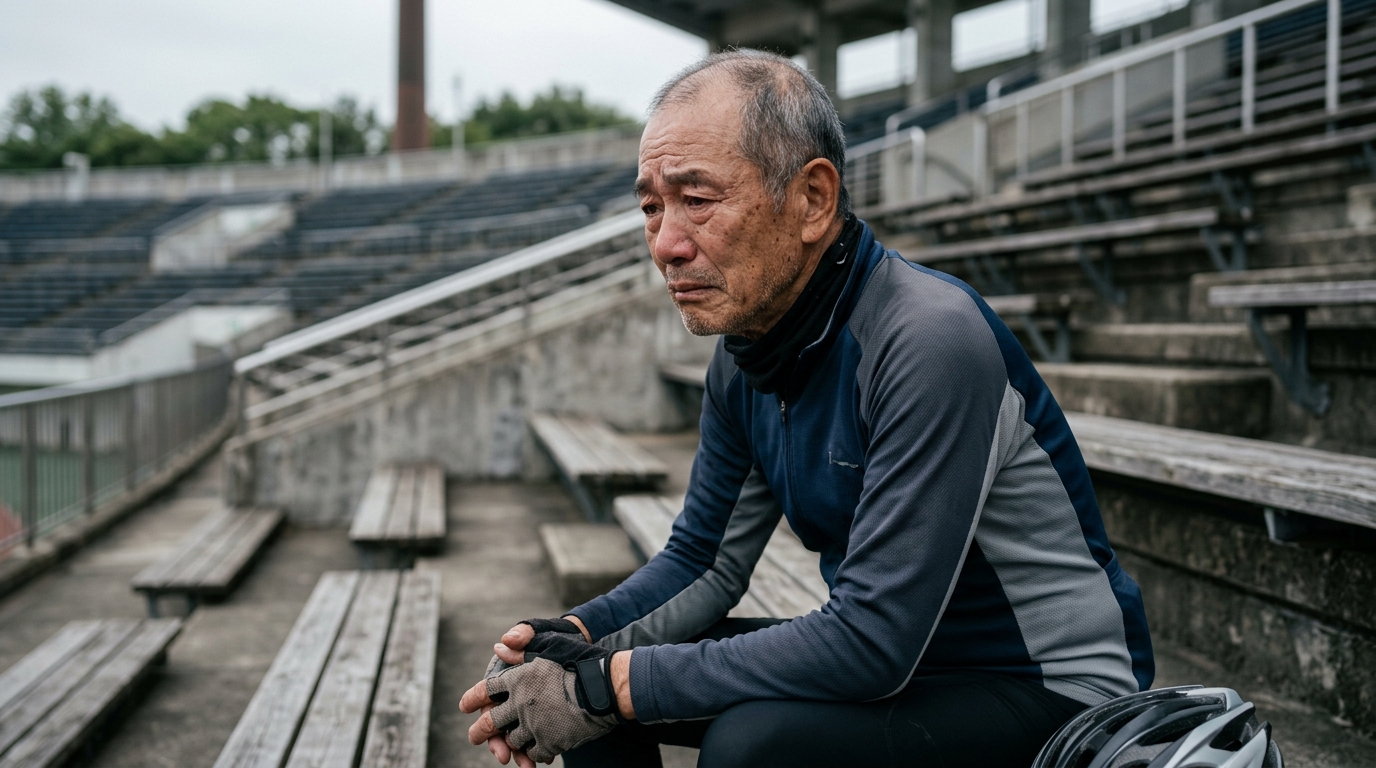 Homme âgé assis sur un banc de stade, visage grave