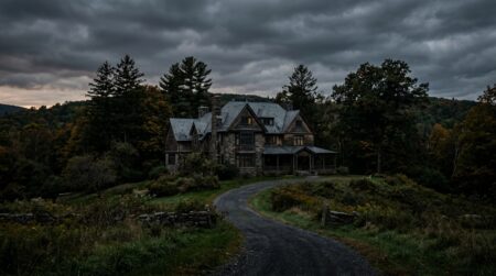 Grande maison en pierre isolée au crépuscule inquiétant