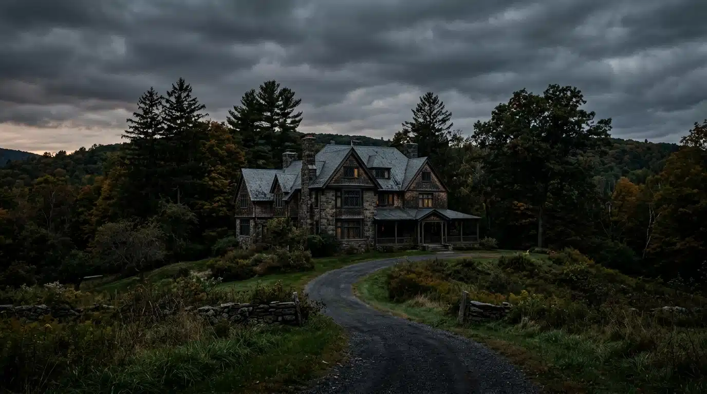 Grande maison en pierre isolée au crépuscule inquiétant