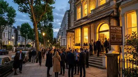Maison cossue mise en vente aux enchères au crépuscule