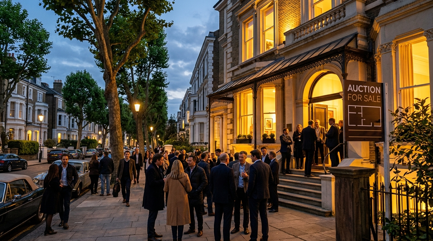 Maison cossue mise en vente aux enchères au crépuscule