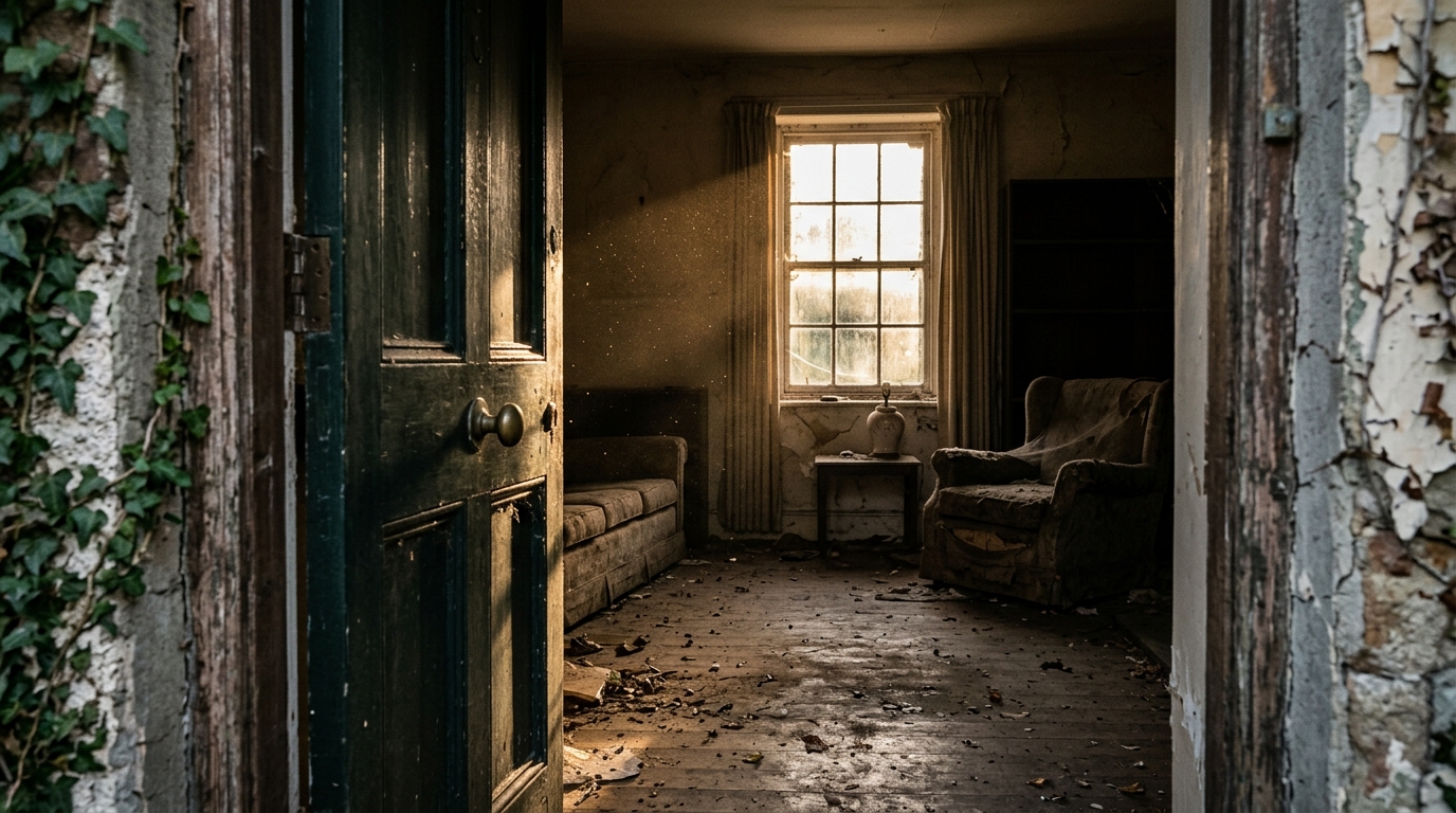Salon vide et poussiéreux d'une maison abandonnée