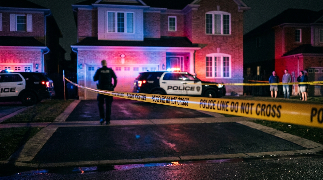Ruban de police devant une maison la nuit