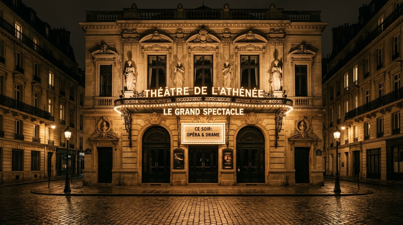 Façade d'un théâtre parisien à la nuit tombée