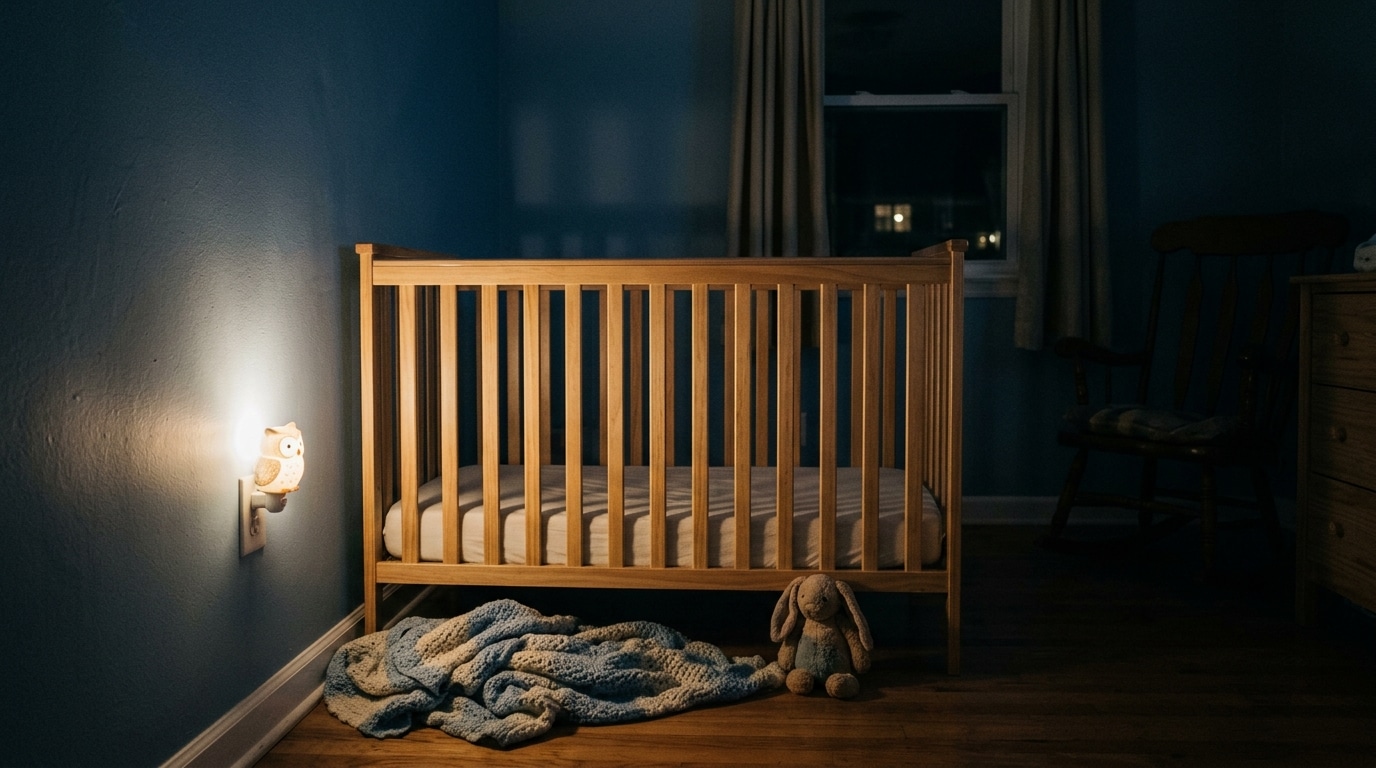 Berceau vide dans une chambre d'enfant faiblement éclairée