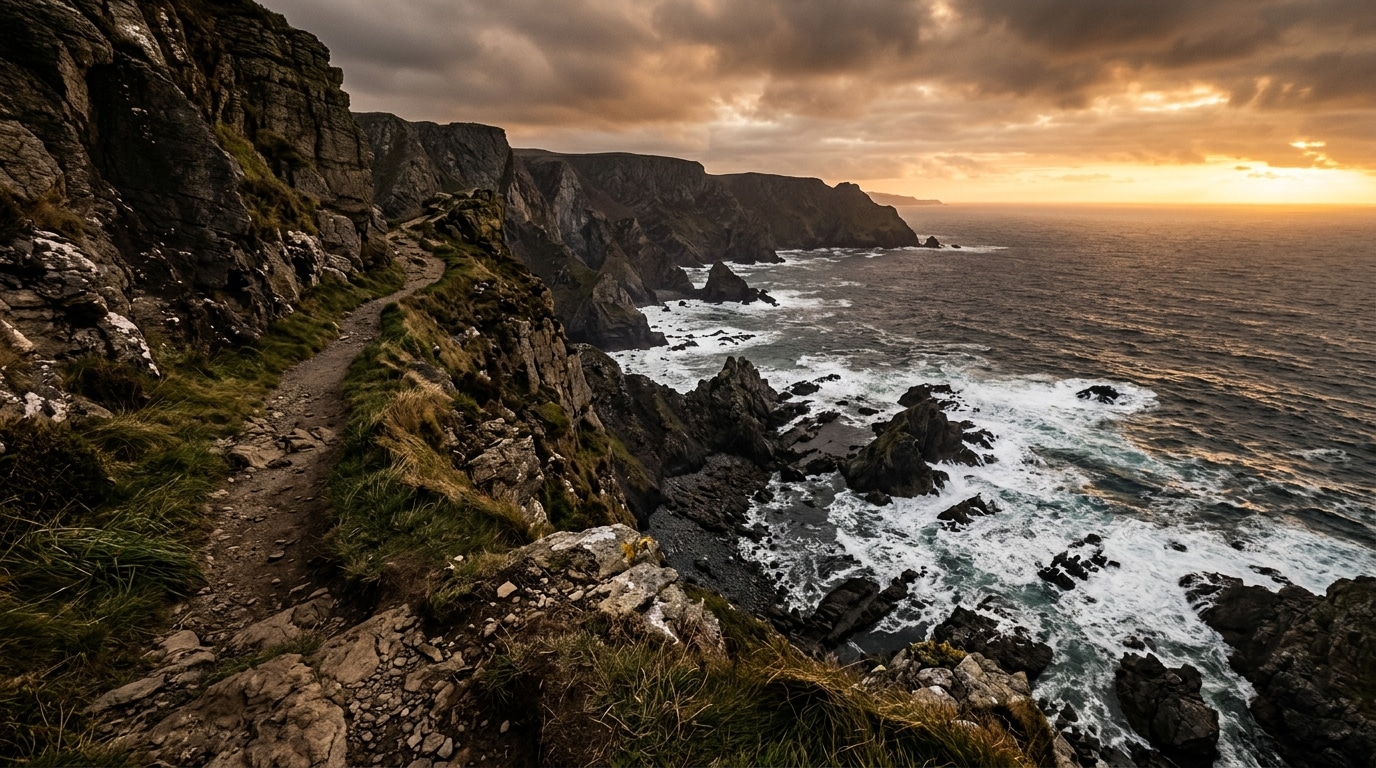 Sentier de randonnée au bord d'une falaise escarpée