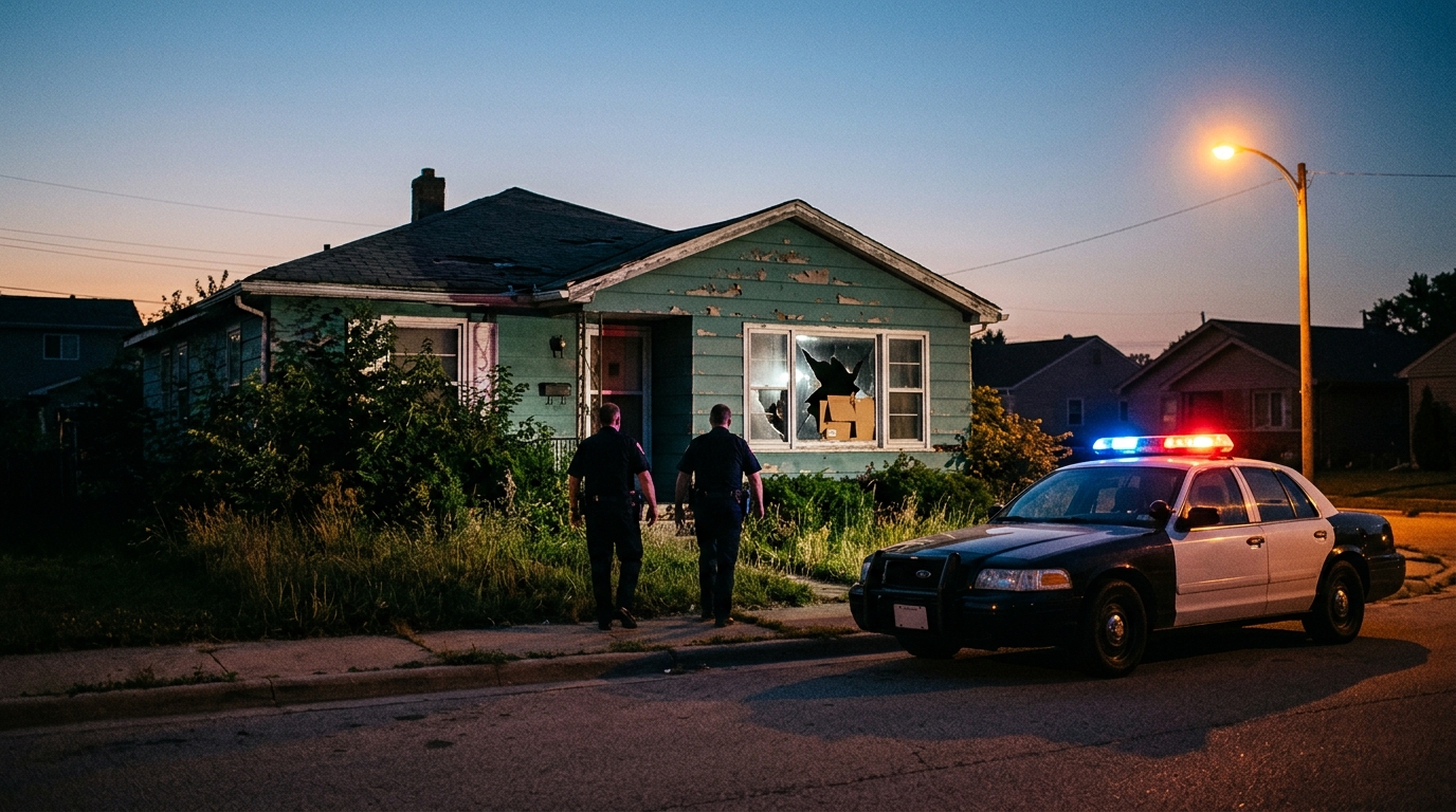 Maison délabrée avec voiture de police garée devant