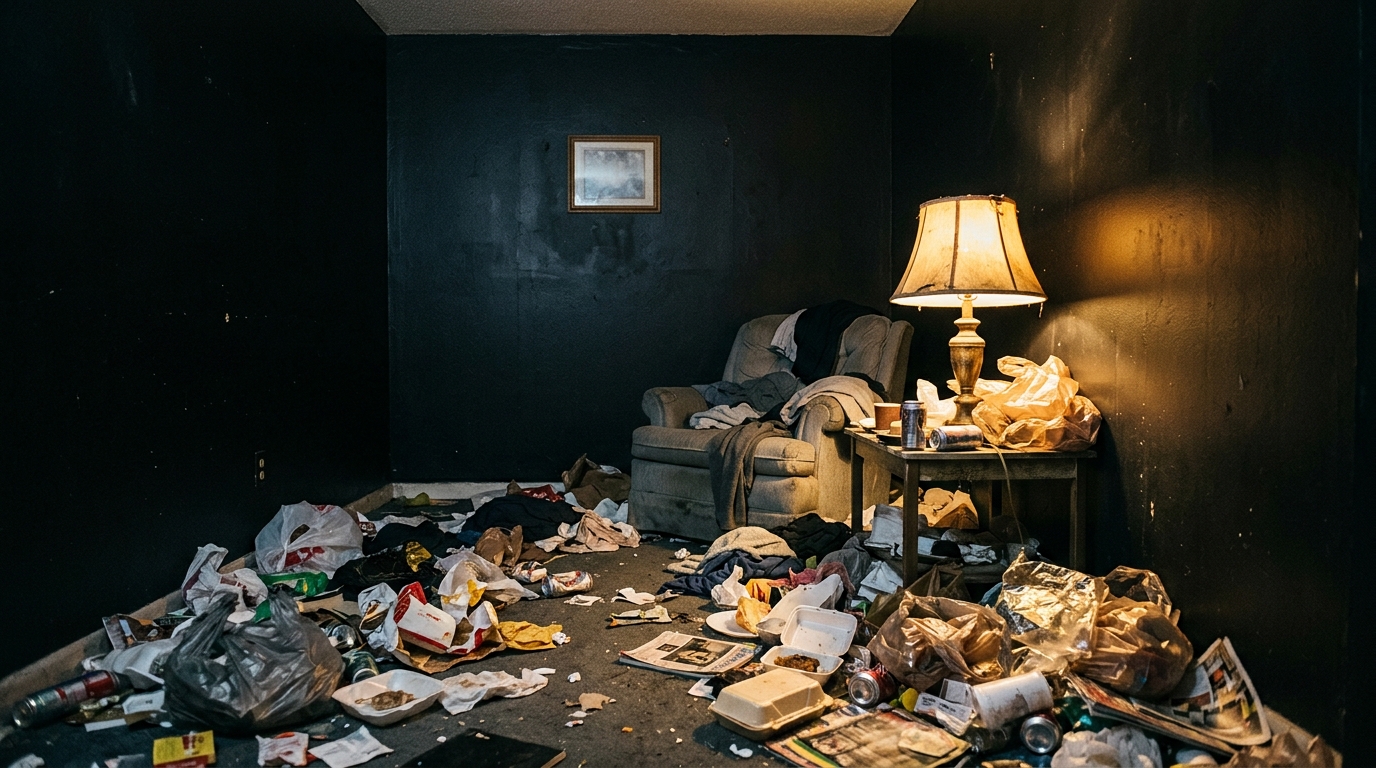Intérieur d'une maison en désordre aux murs noirs