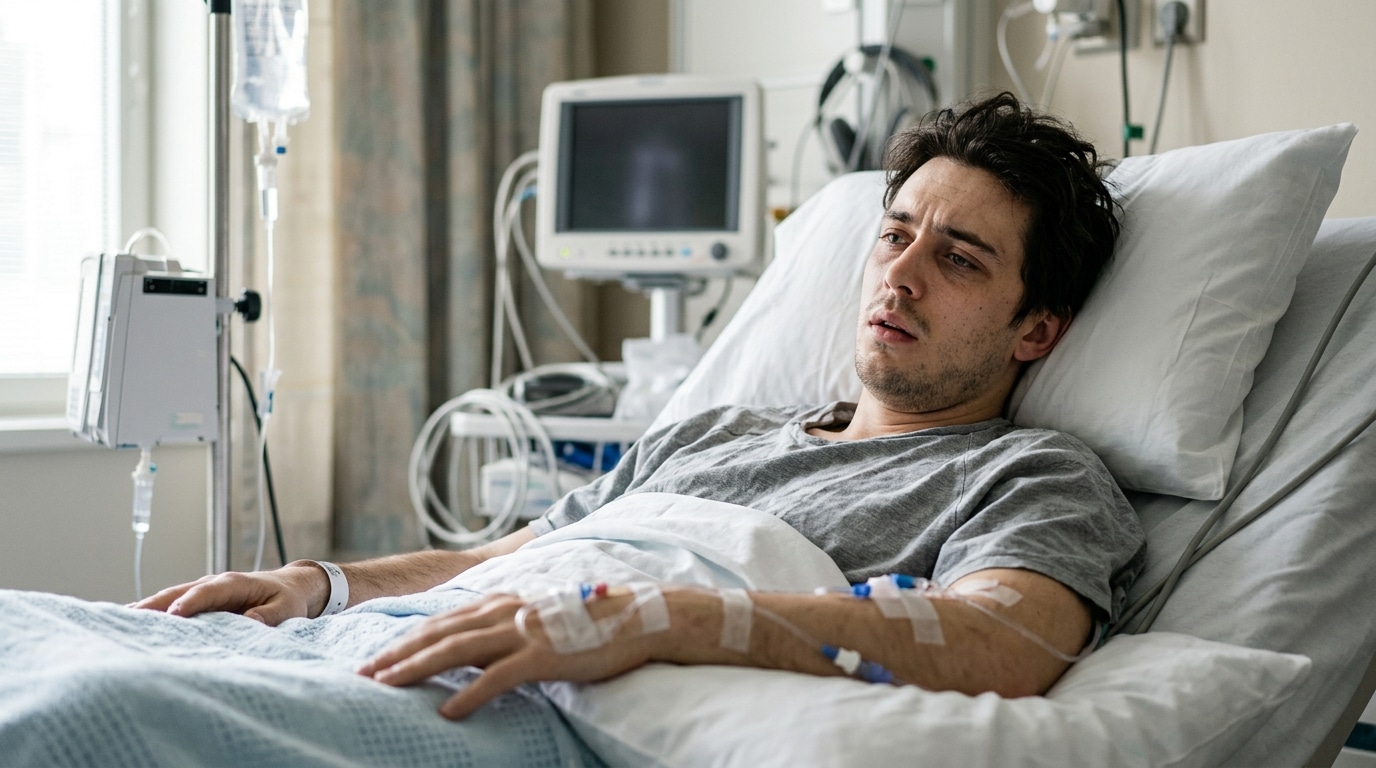 Jeune homme hospitalisé sous perfusion après une hémorragie