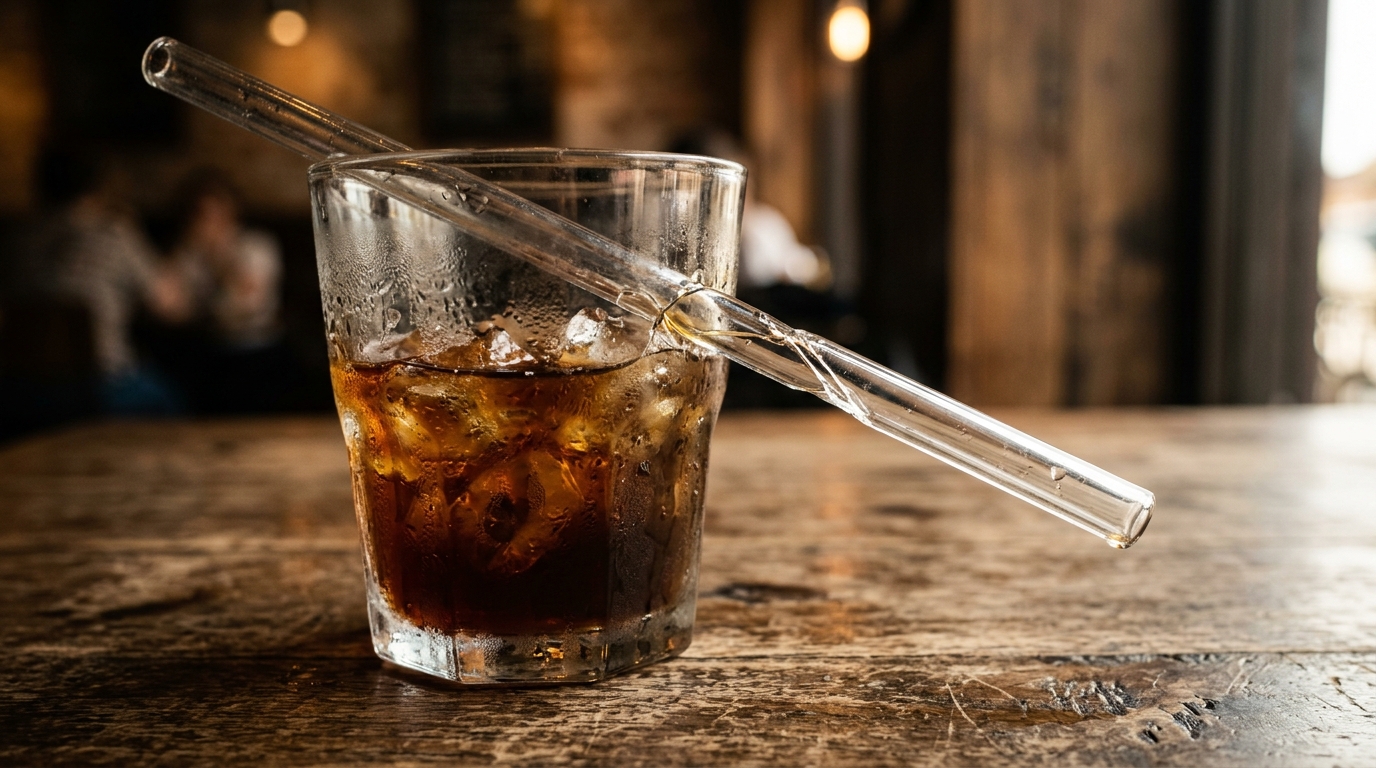 Paille en verre fissurée dans un verre de café glacé