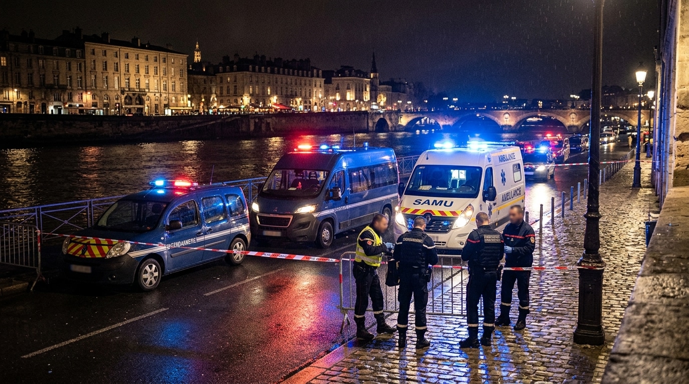 Voitures de police et ambulance sur un quai la nuit