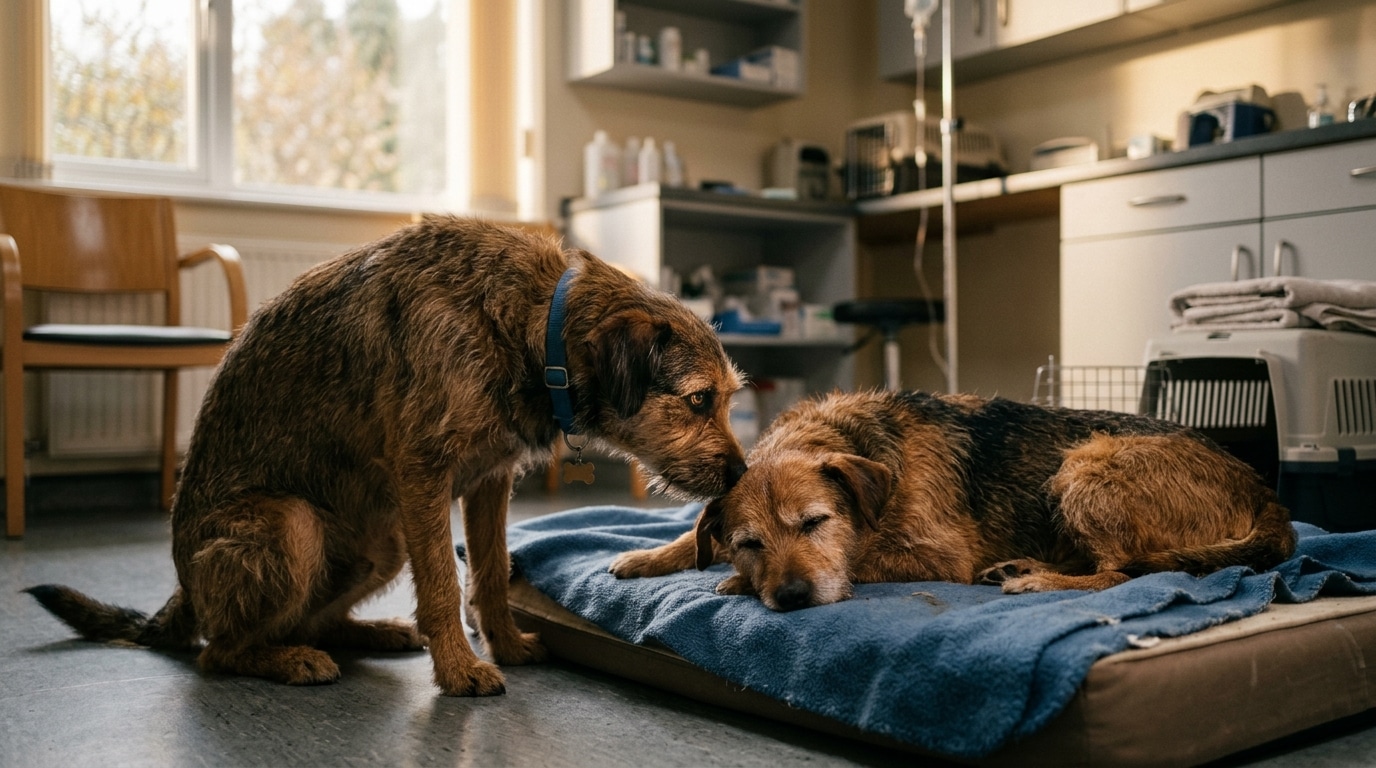 Chien reniflant doucement sa compagne à la clinique