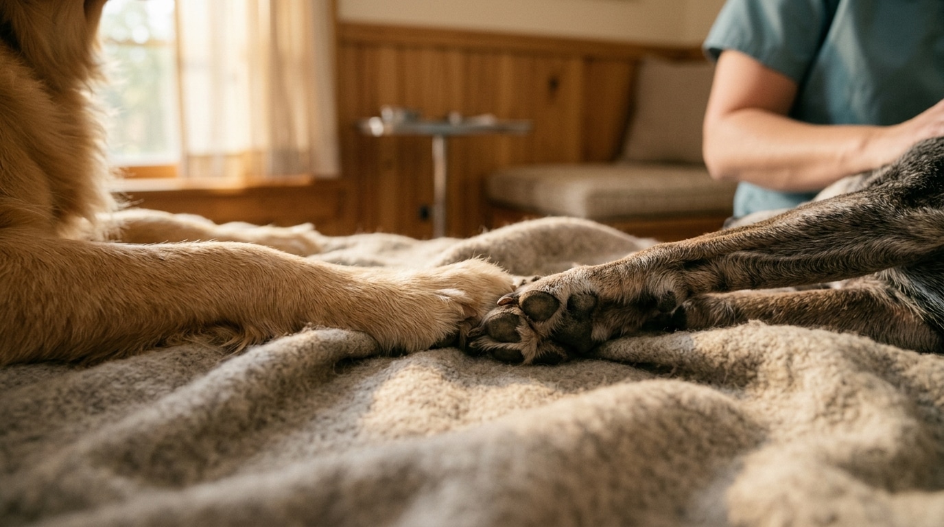 Pattes de deux chiens qui se touchent tendrement