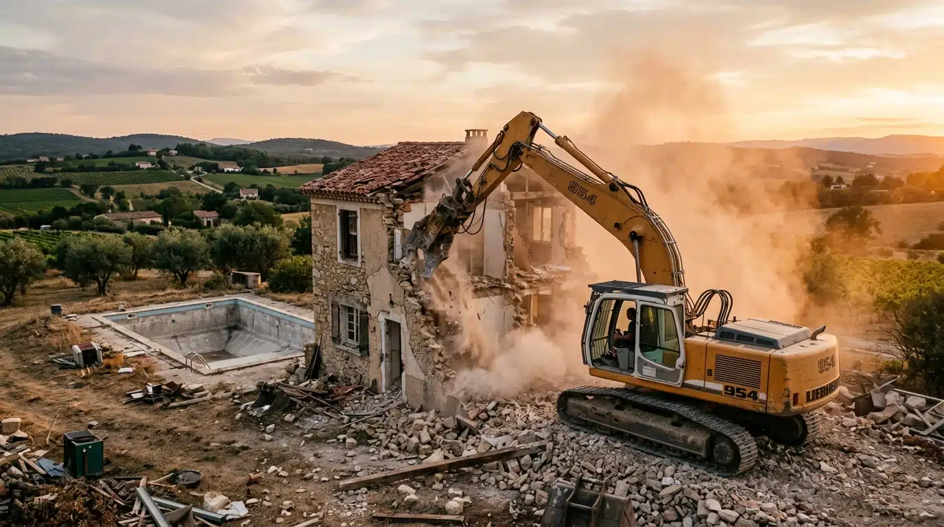 Démolition d'une maison illégale par un engin de chantier