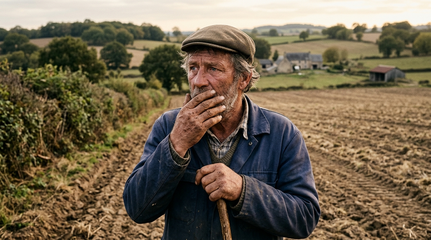 Agriculteur anonyme face à son champ dévasté