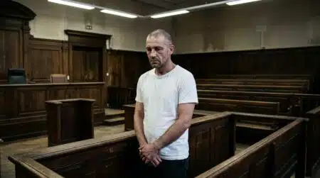 Homme en blanc de dos dans une salle d'audience