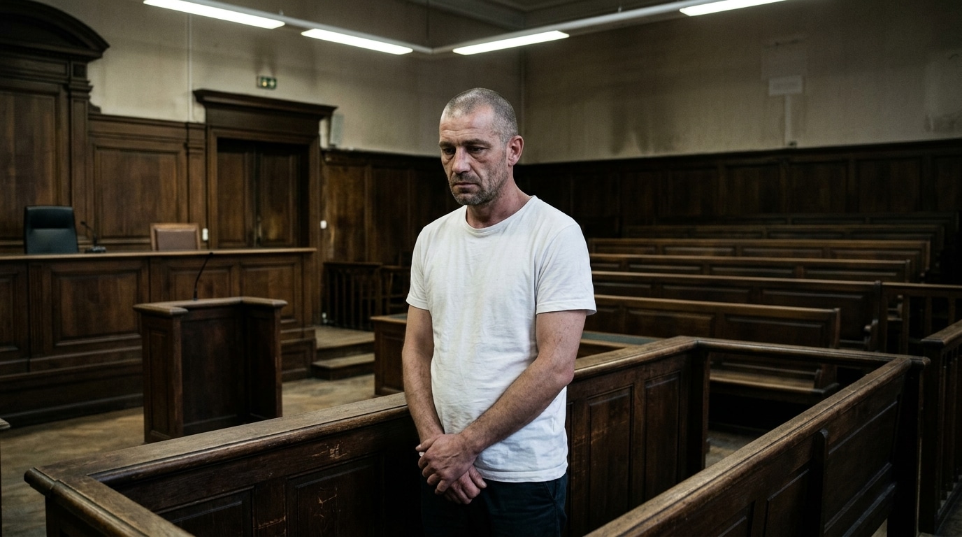 Homme en blanc de dos dans une salle d'audience