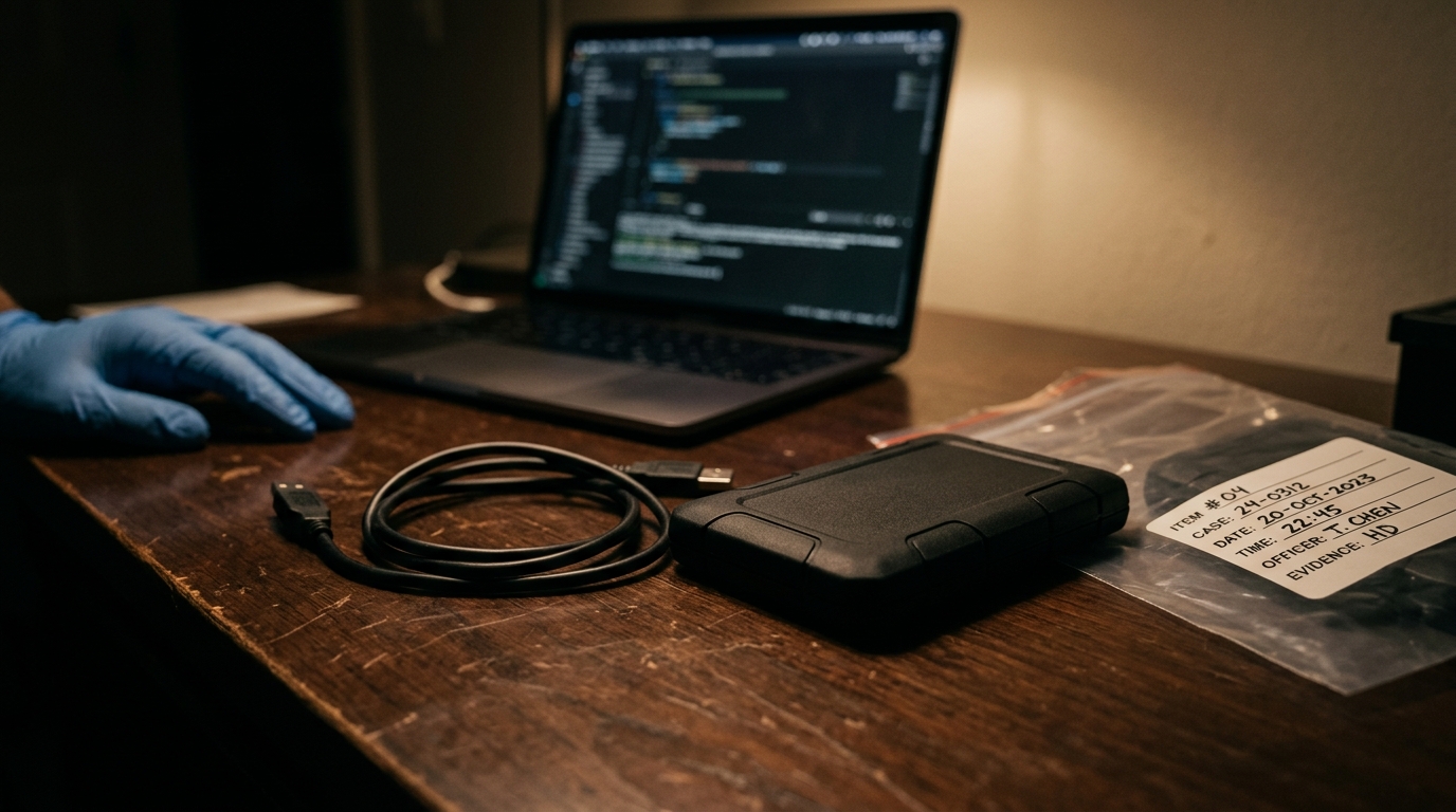 Disque dur externe posé sur un bureau sombre