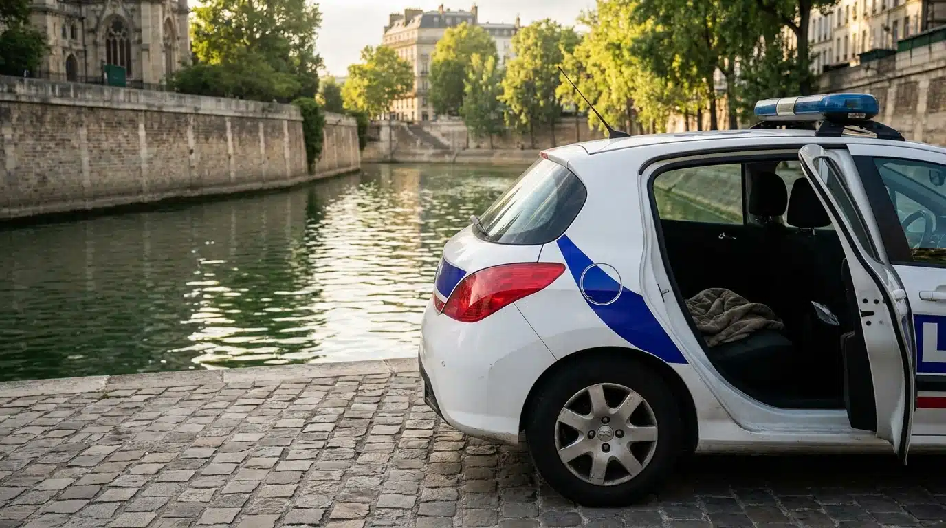 Portière de voiture de police ouverte au bord d'un canal parisien