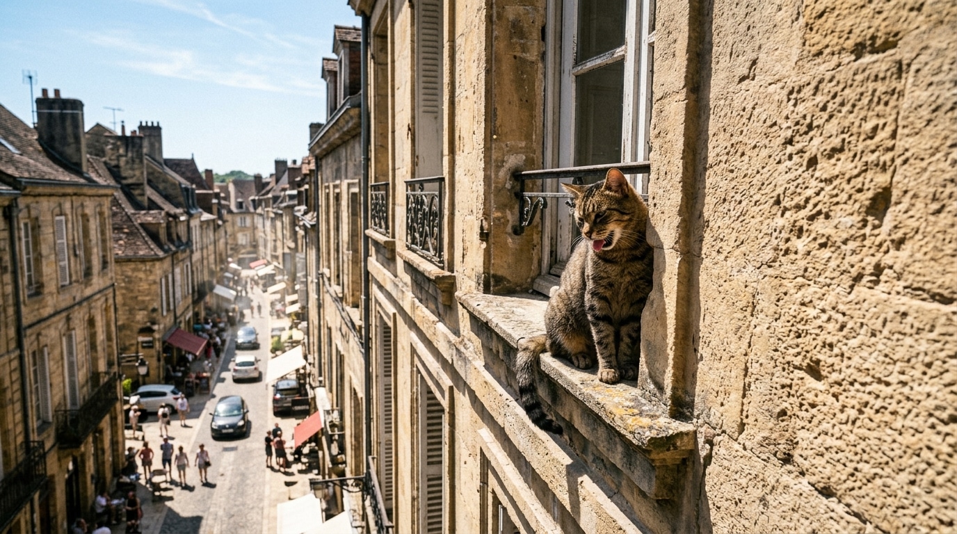 Chat immobile sur un rebord de fenêtre en plein soleil