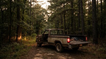 Pick-up abandonné phares allumés dans une forêt sombre