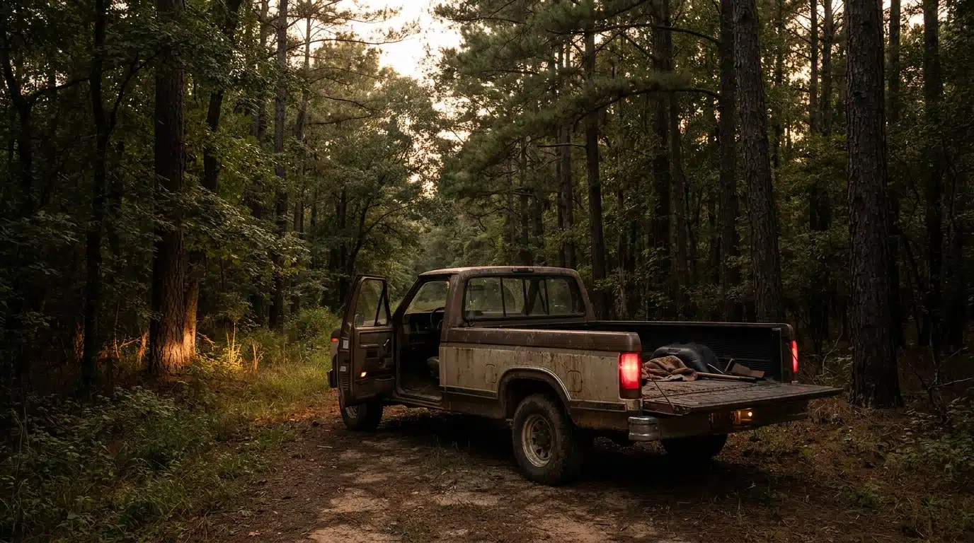 Pick-up abandonné phares allumés dans une forêt sombre
