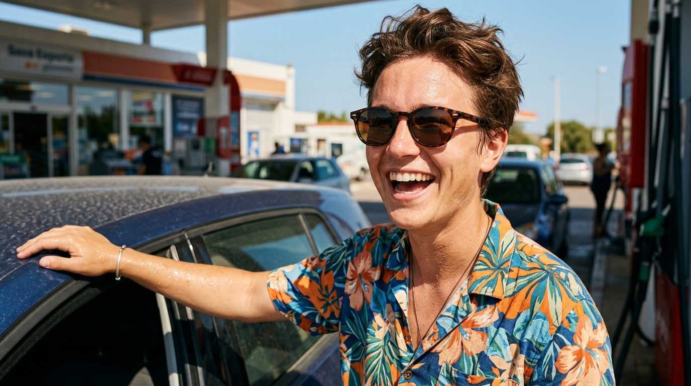 Jeune adulte souriant surpris devant une voiture en été