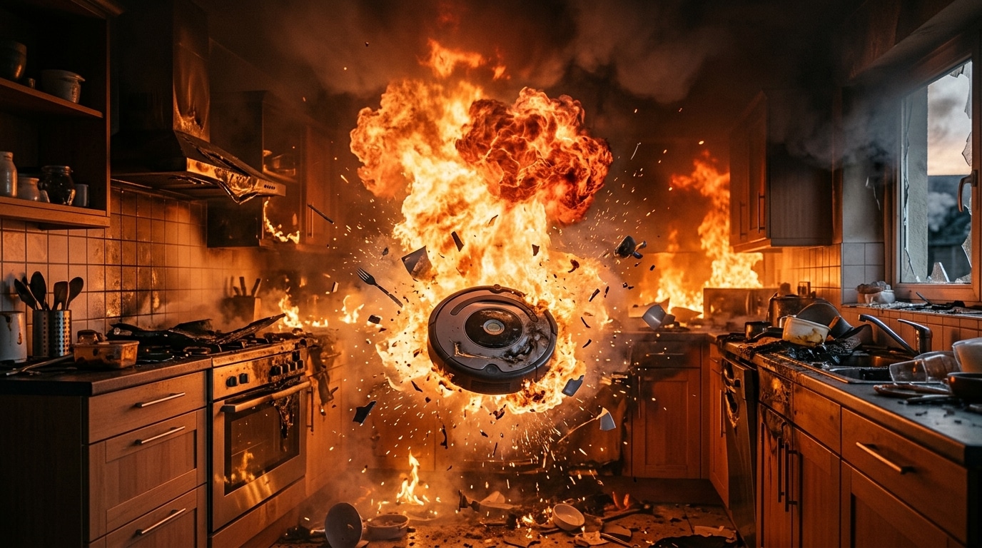 Explosion et incendie dans une cuisine causés par un robot aspirateur