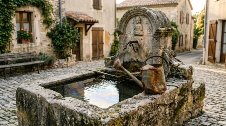 Fontaine de village avec surface d'eau huileuse
