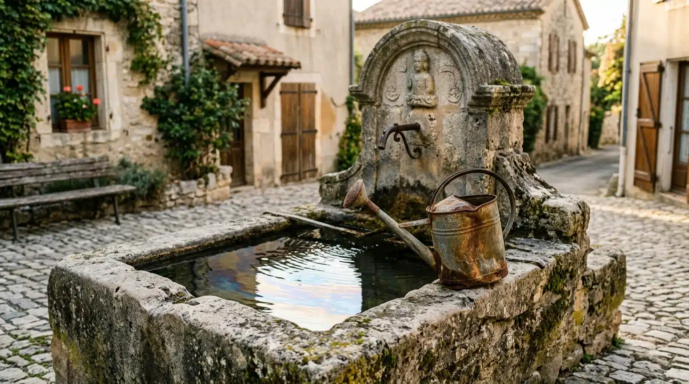 Fontaine de village avec surface d'eau huileuse