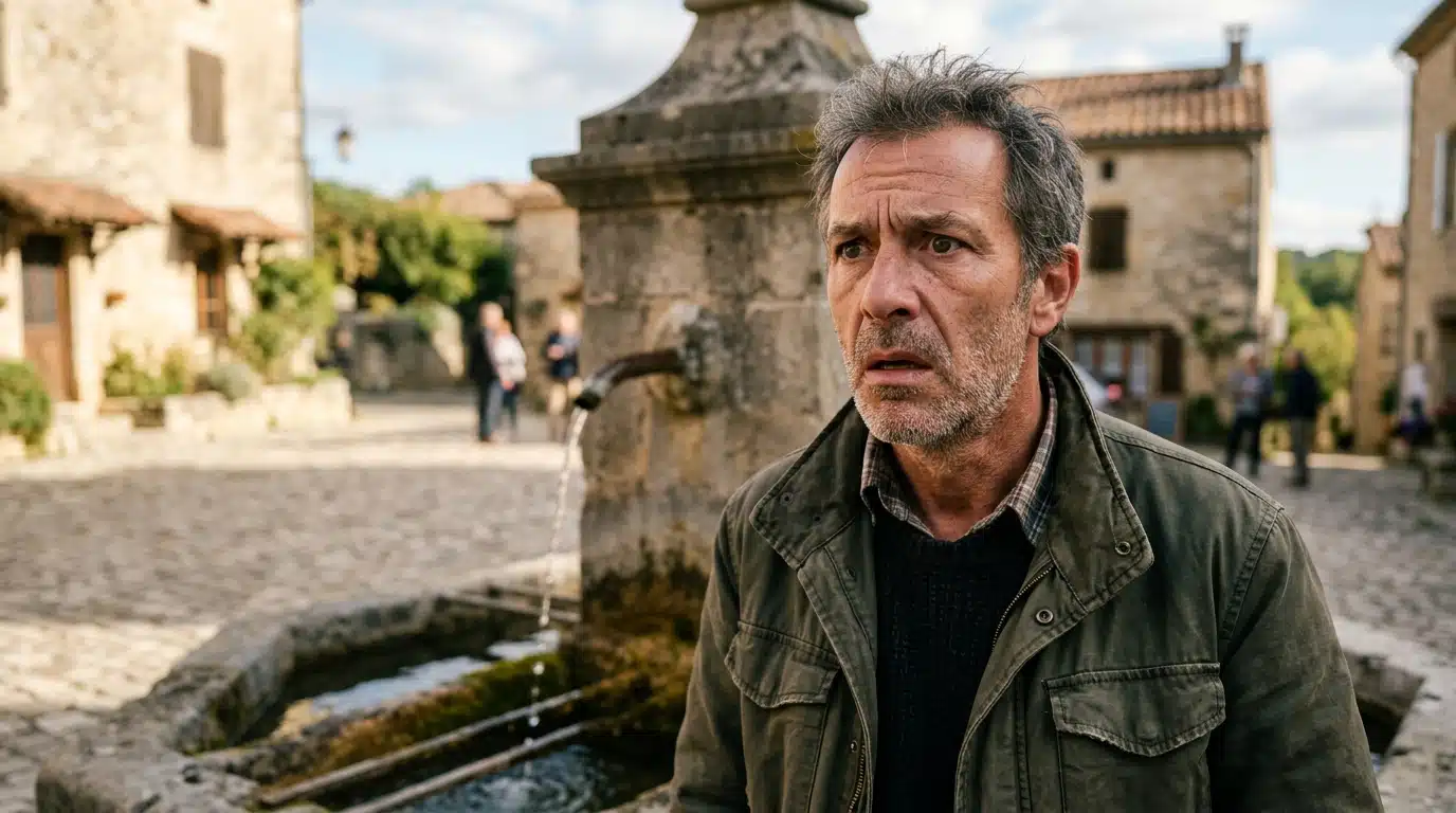 Homme inquiet devant une fontaine communale